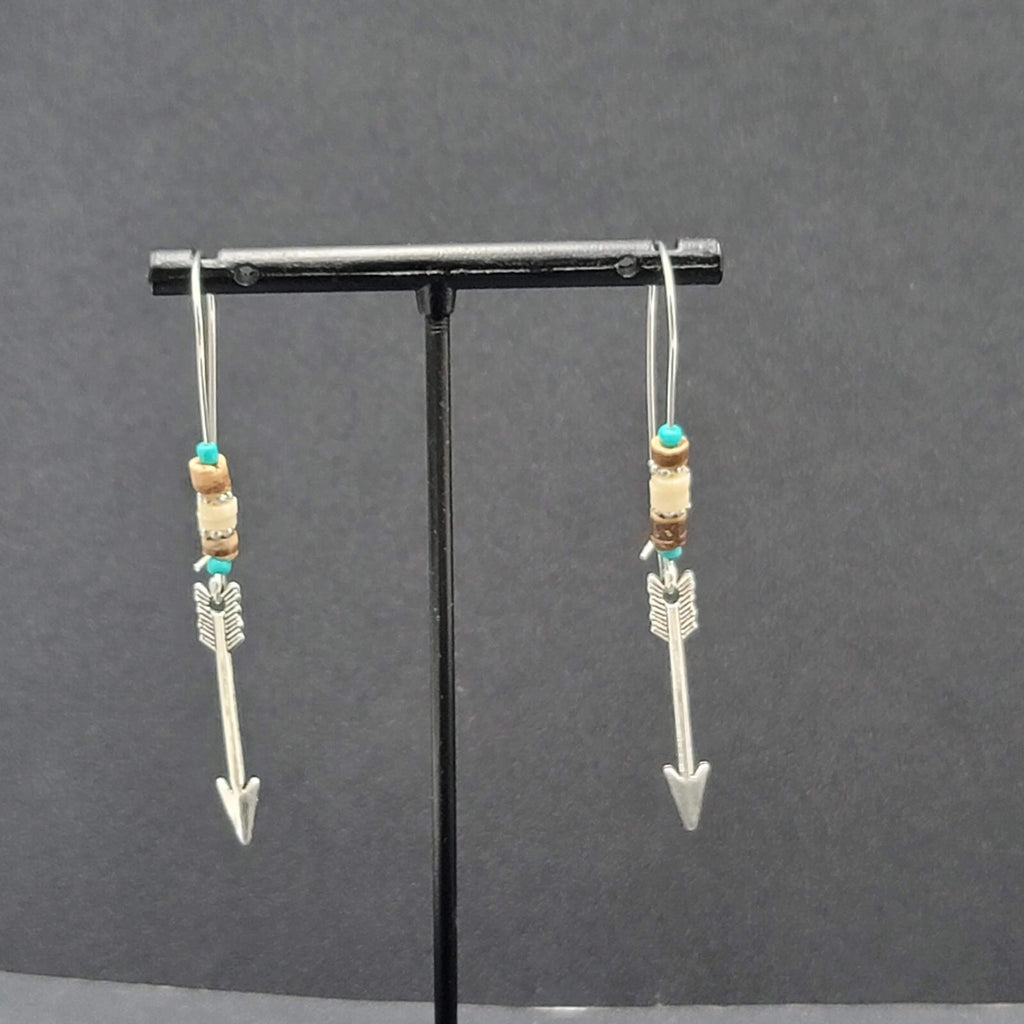 Pierced Earrings Silver tone Beaded Feather Dangle 2.5"