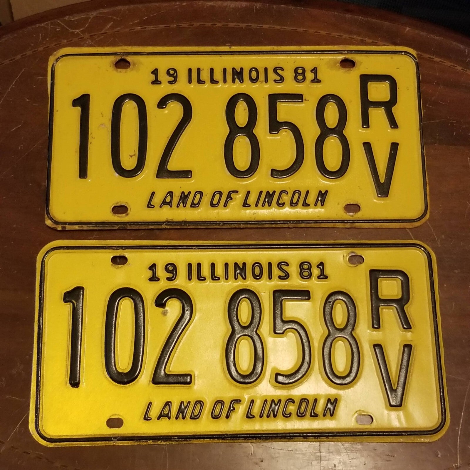 License Plate Pair Vintage 1982 ILLINOIS 102 858 RV 12" x 6" Yellow Black