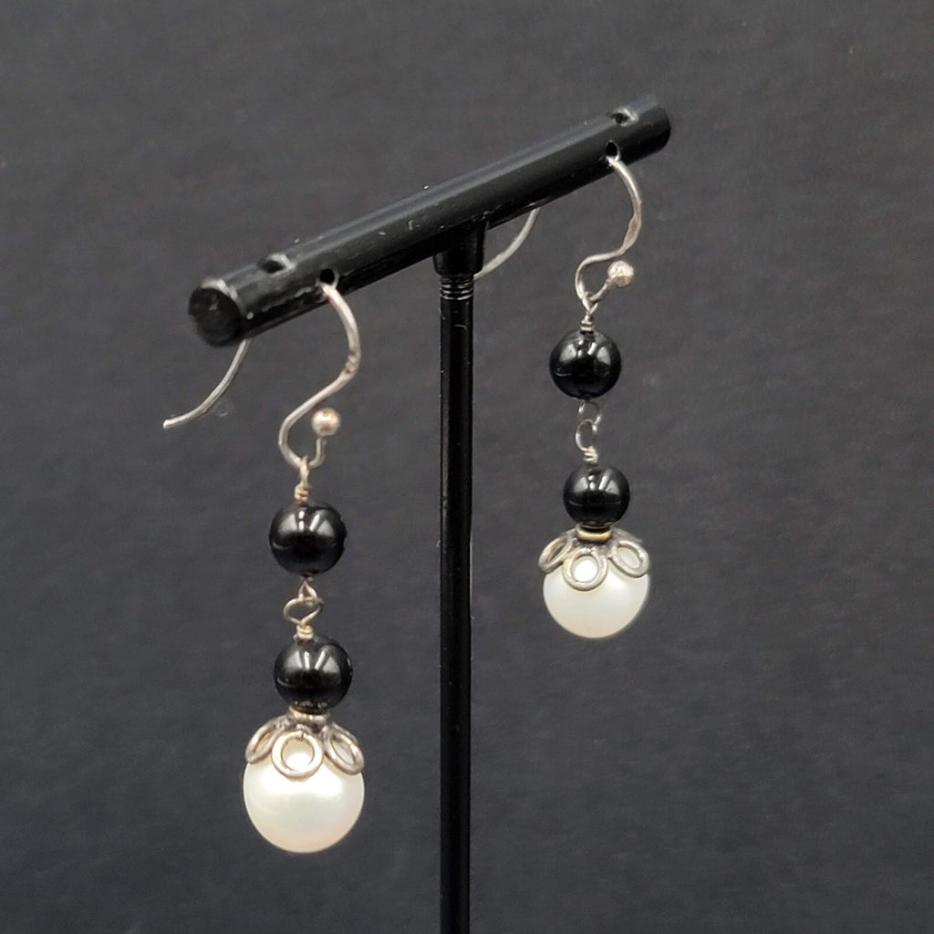 Sterling Silver Pierced Earrings Capped Pearl Bead Dangle 1.25"