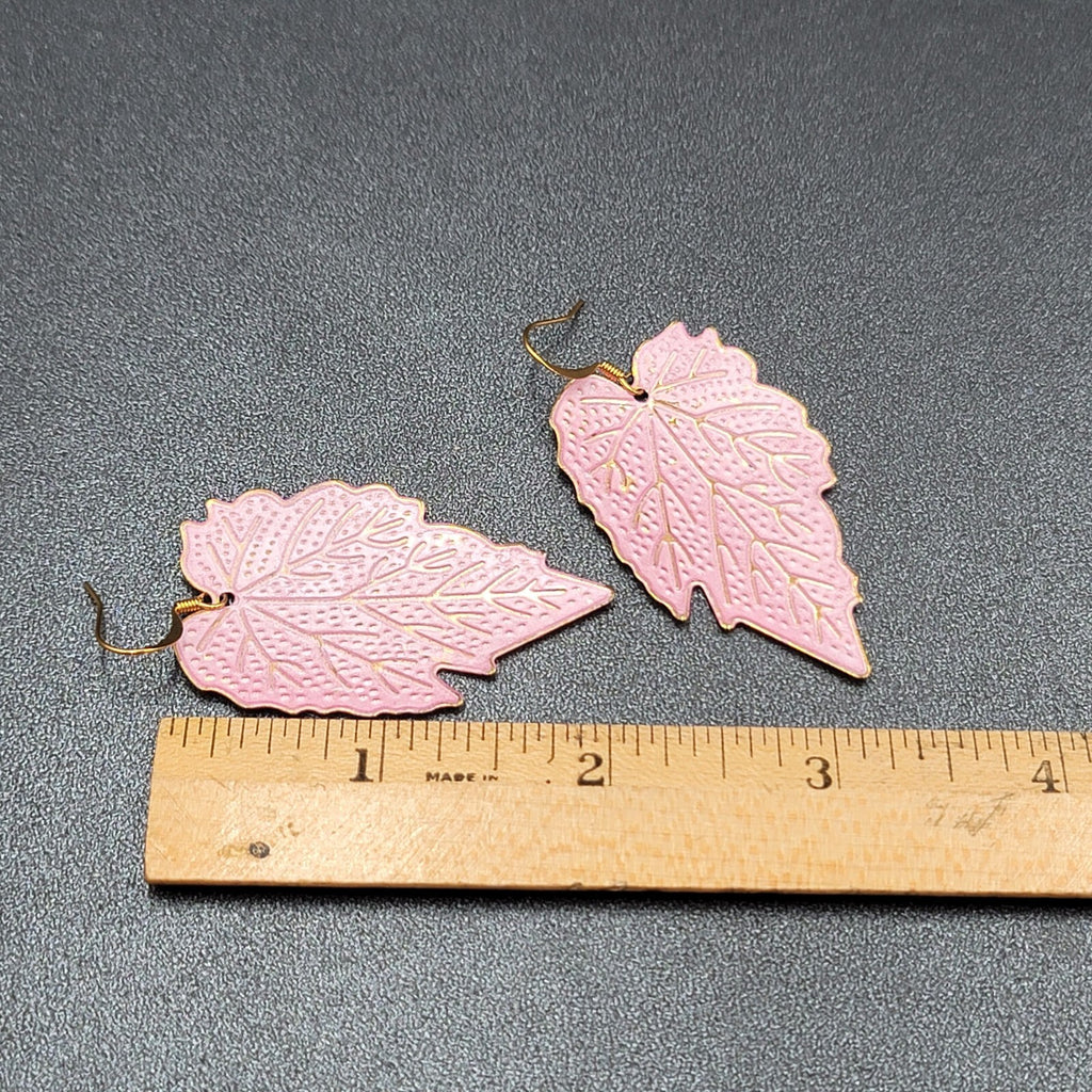 Pierced Earrings Gold tone Large Pink Dangle Leaves Statement 2"