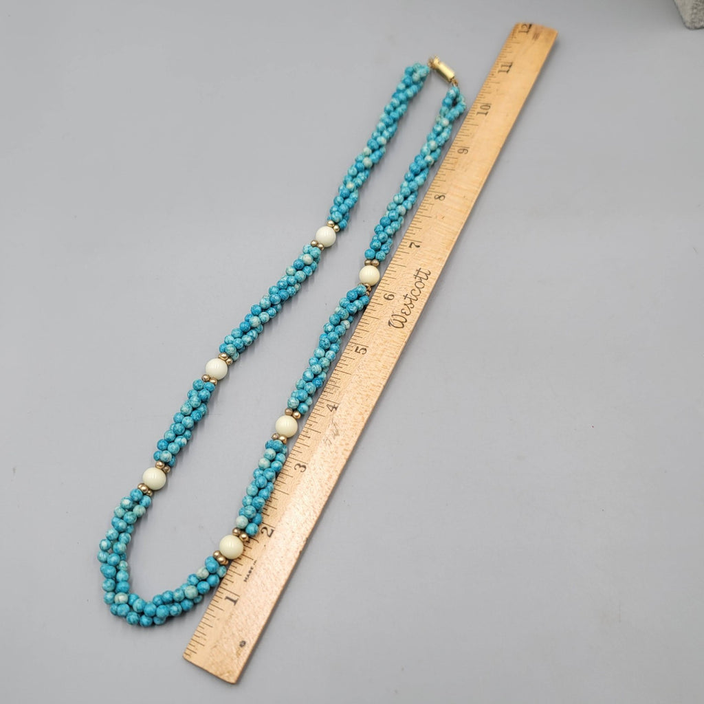 Vintage Blue Stone Twist Bead Necklace Gold tone 20"