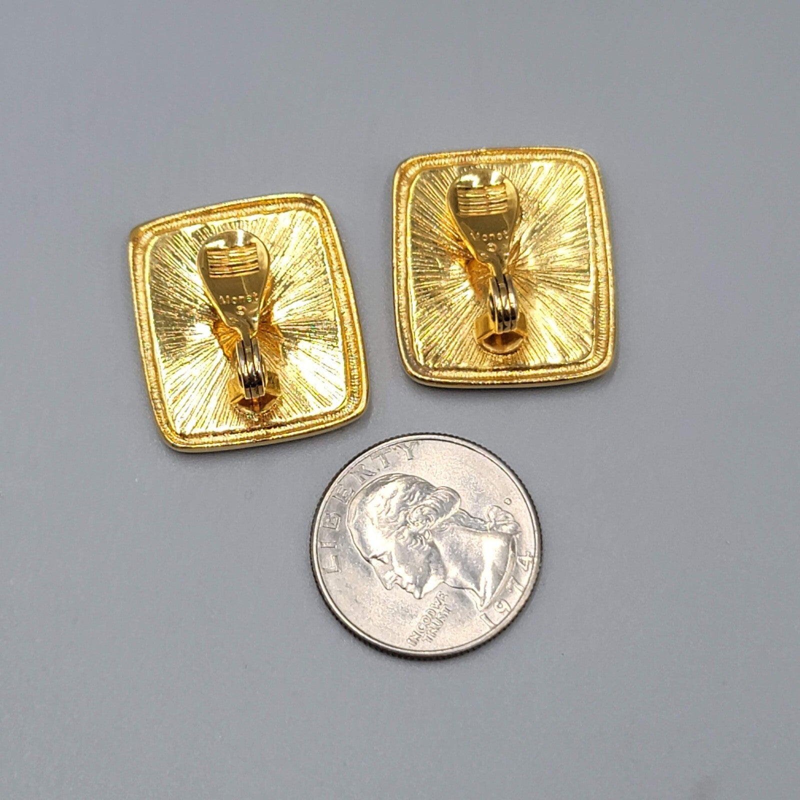 Vintage Monet Clip on Earrings Gold plated Rectangle Peach Swirl Enamel Drop 1"