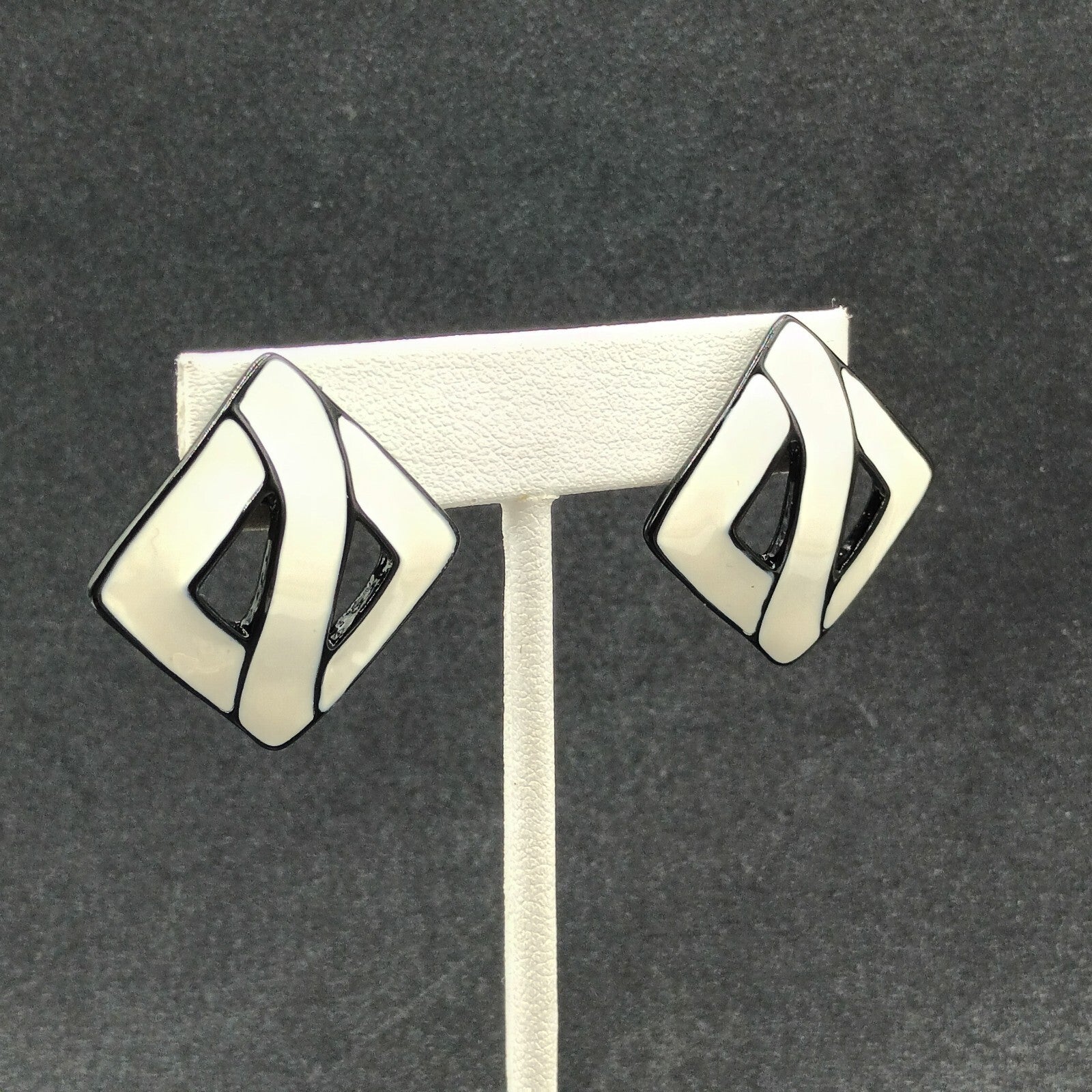 Vintage Pierced Earrings White Black Enamel Open Square Drop 1 3/8"