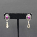 Vintage Pierced Earrings Silver tone Dangle Purple Cabochon 1.25"