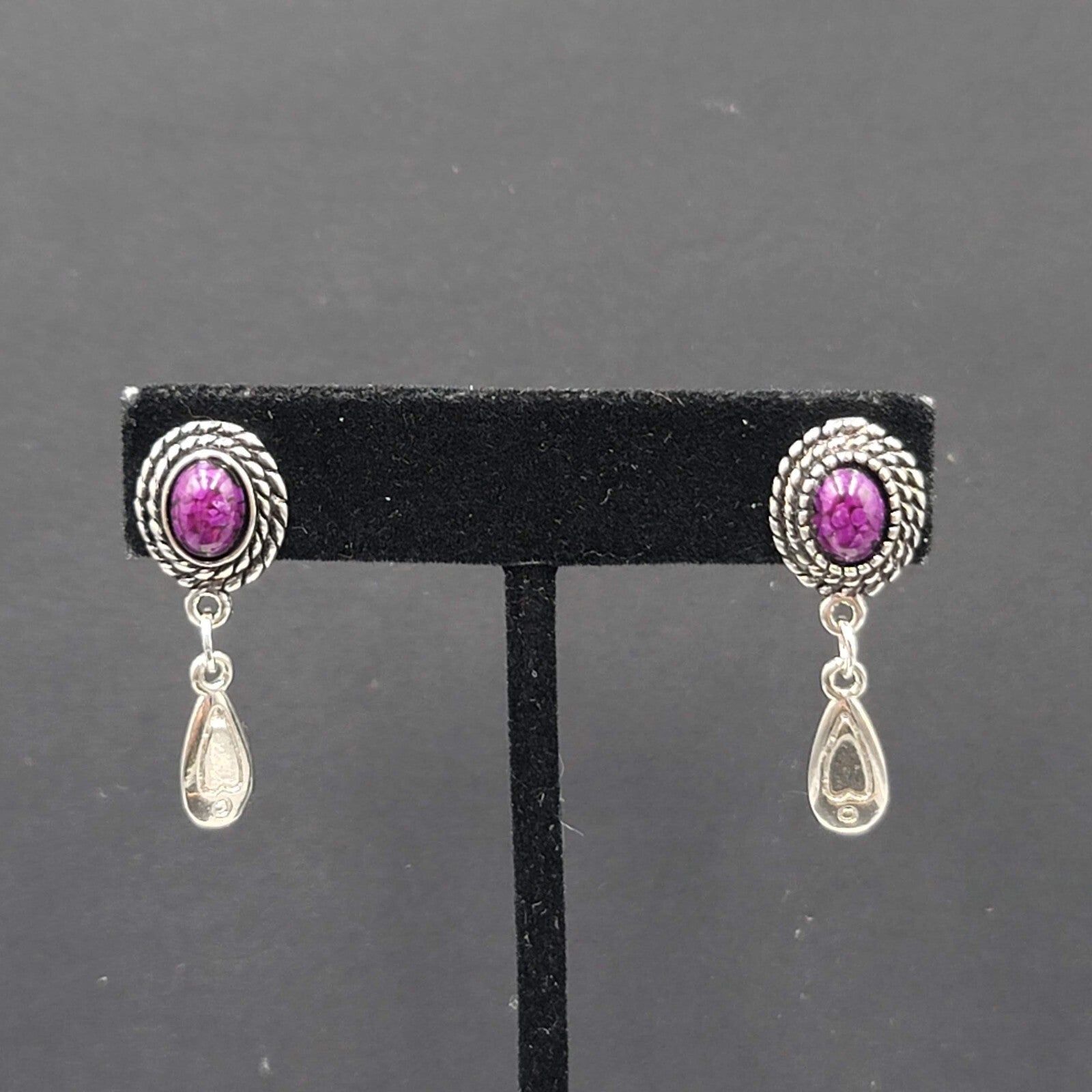 Vintage Pierced Earrings Silver tone Dangle Purple Cabochon 1.25"
