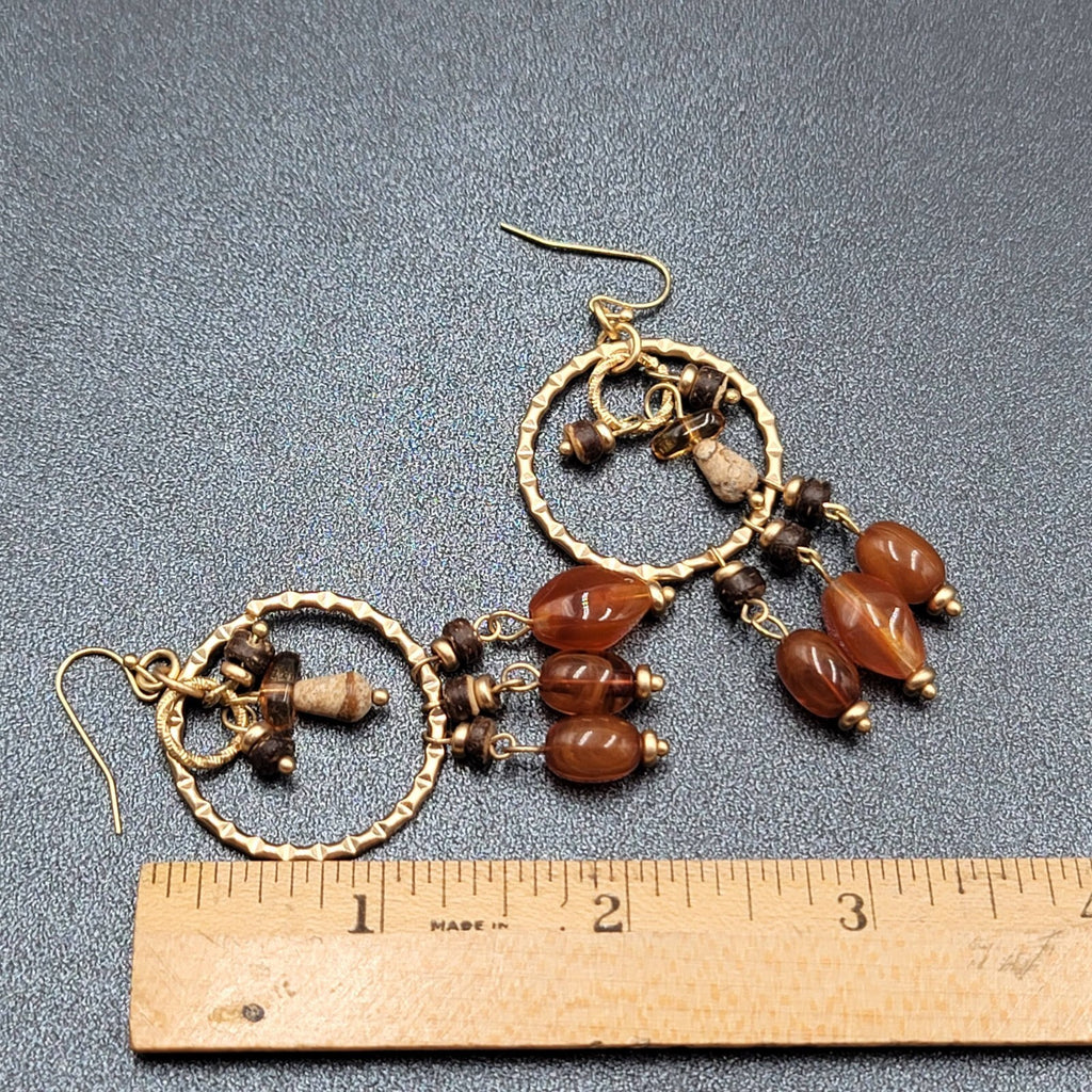 Pierced Earrings Gold tone Natural Colored Acrylic Beads Coconut Shell Bead 2.5"