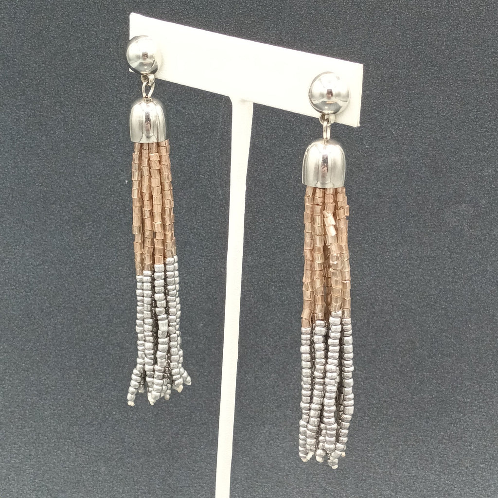 Pierced Earrings Gold and Silver tone Seed Bead Multi Strand Dangle 3.75"