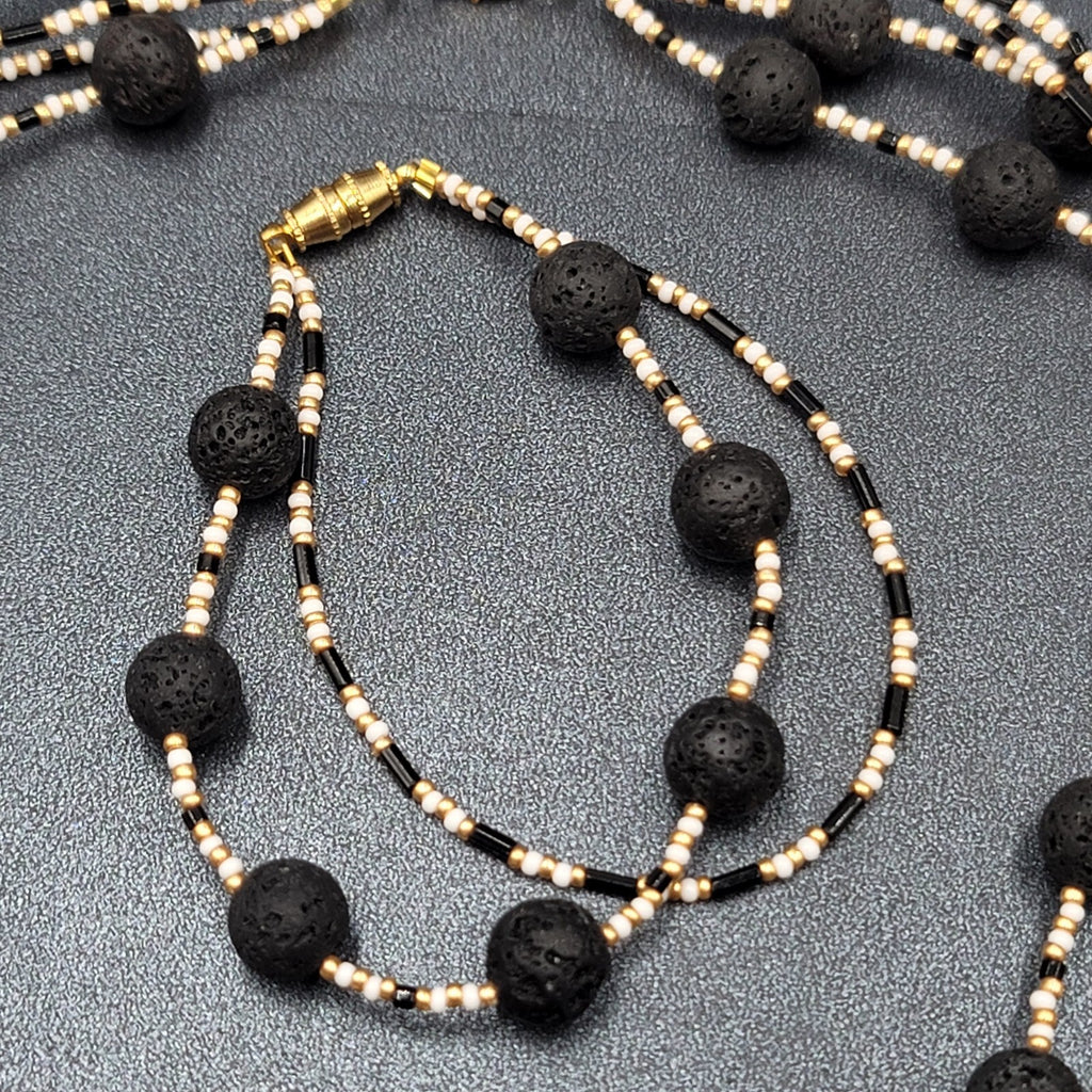 Beaded Necklace Bracelet Earrings Set Gold tone White Black Lava Bead Set