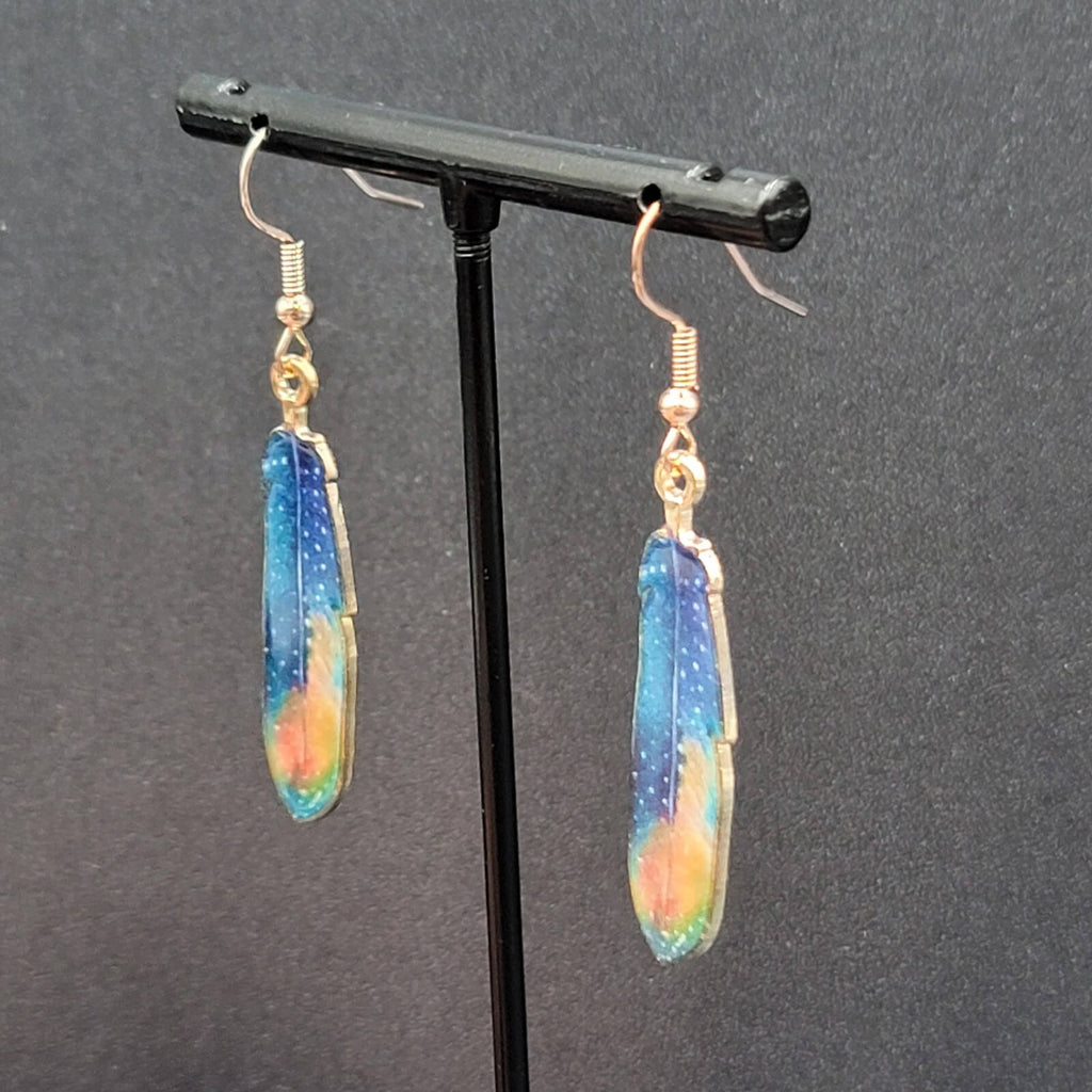Metal Feather Pierced Earrings Cosmic Blue Galaxy Gold tone Dangle 1.5"