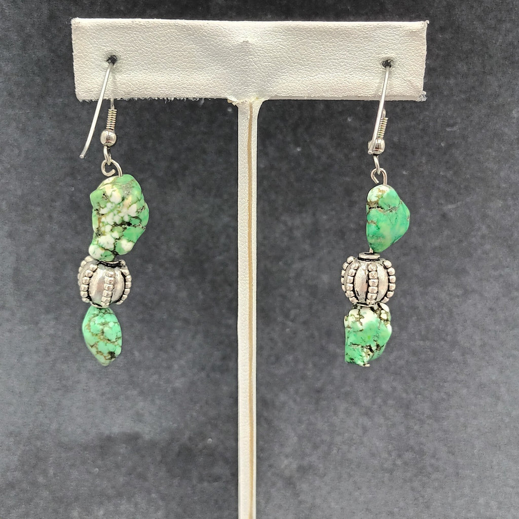 Pierced Earrings Silver tone Green Howlite Stone Beaded Statement Dangle 1 3/4"