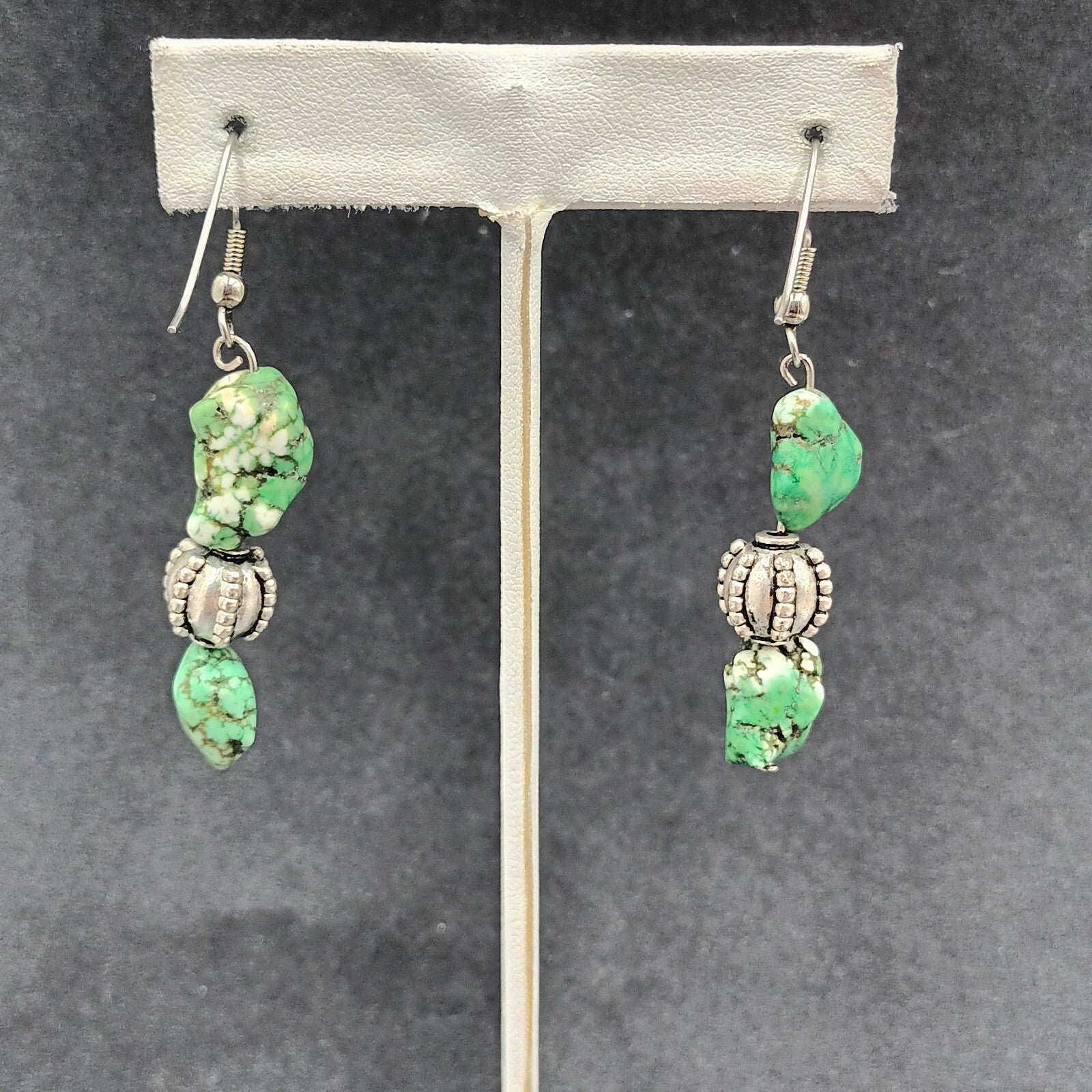 Pierced Earrings Silver tone Green Howlite Stone Beaded Statement Dangle 1 3/4"
