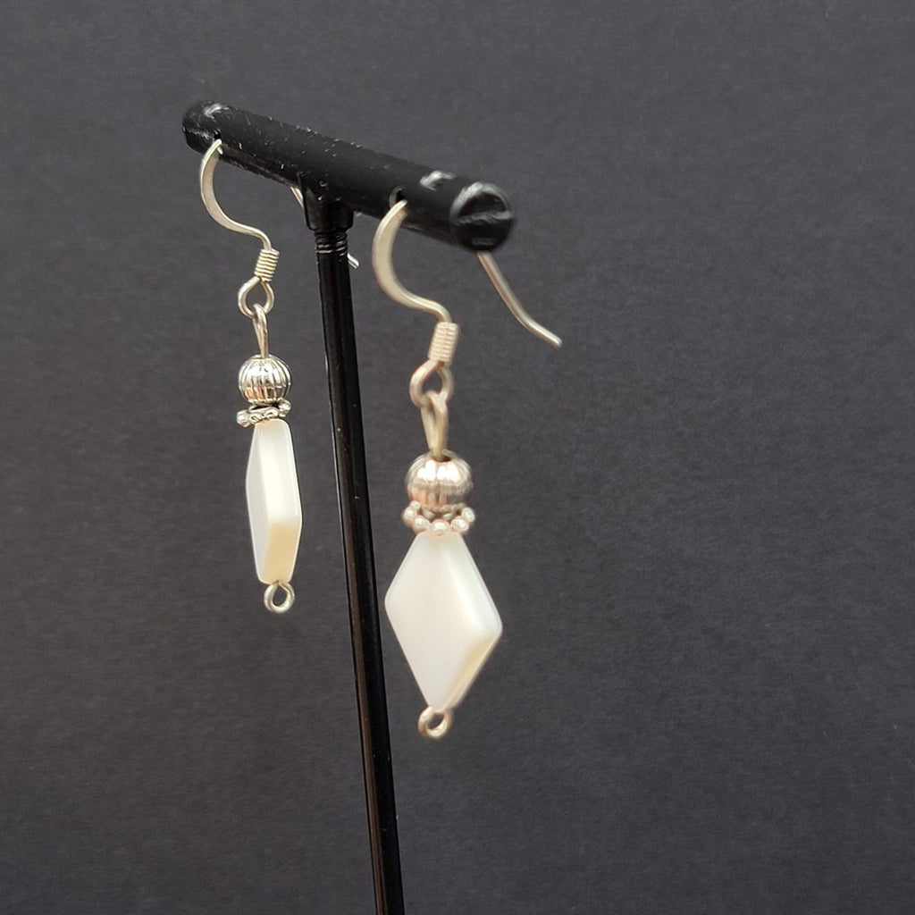 Mother of Pearl Pierced Earrings Diamond Shape Bead Silver tone Dangle  1 1/8"