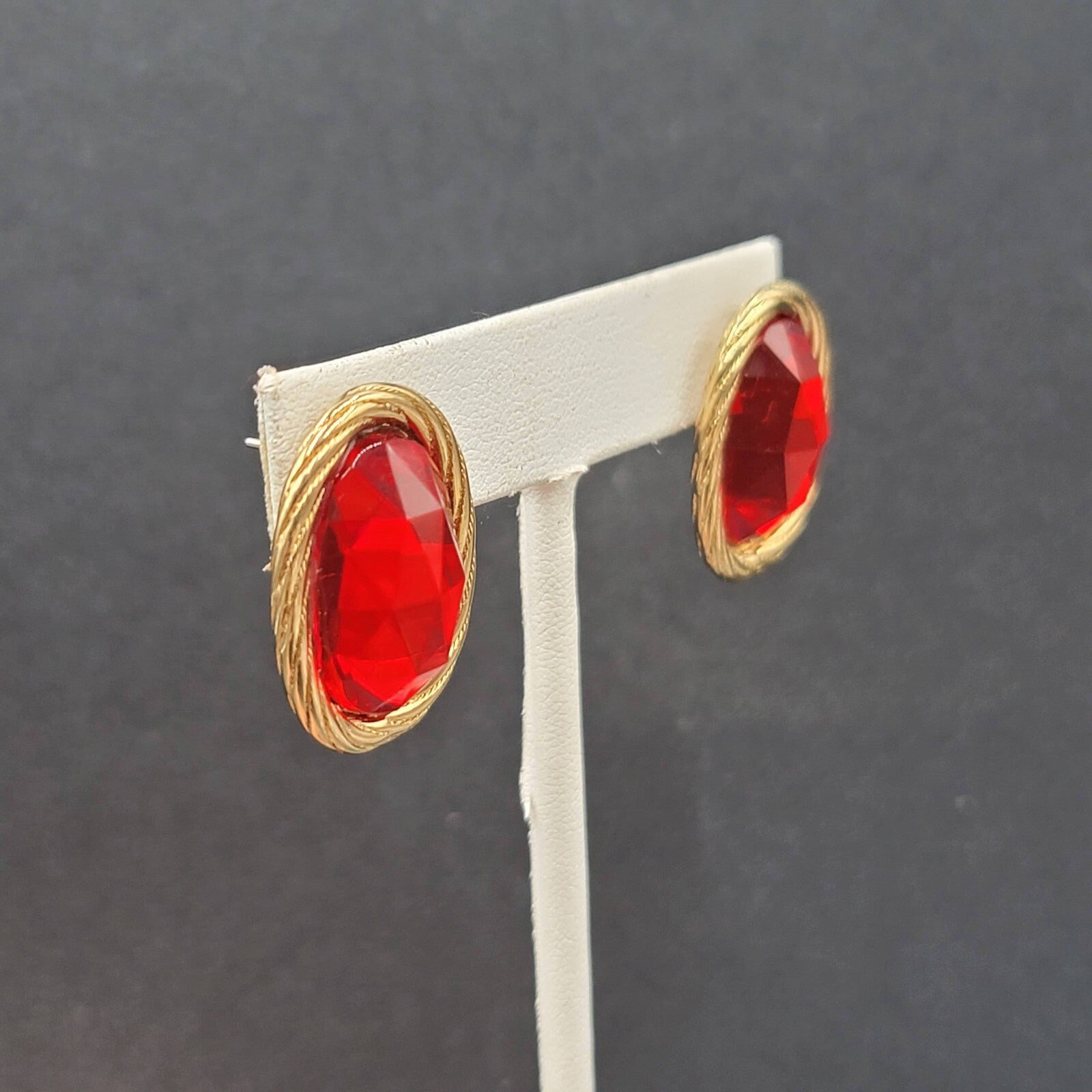 Vintage Pierced Earrings Gold Plated Red Faceted Glass Drop 1"