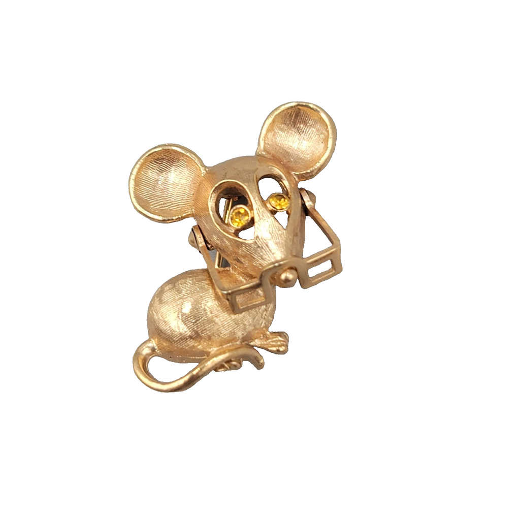 Vintage Avon Mouse with Glasses Brooch Gold tone Yellow Eyes 1.25 in