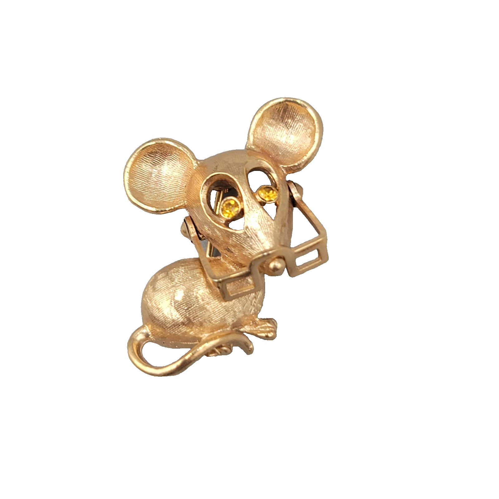 Vintage Avon Mouse with Glasses Brooch Gold tone Yellow Eyes 1.25 in