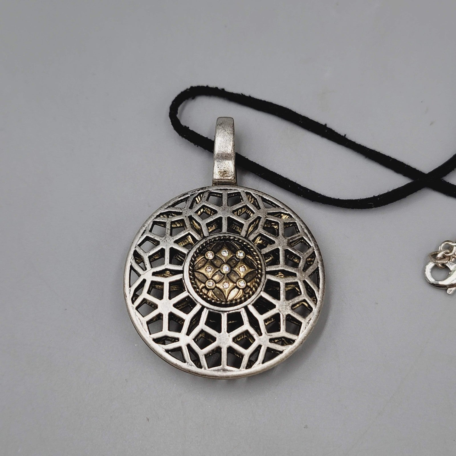 Premier Designs Boho Medallion Pendant Necklace Silver Gold Tone Reversible