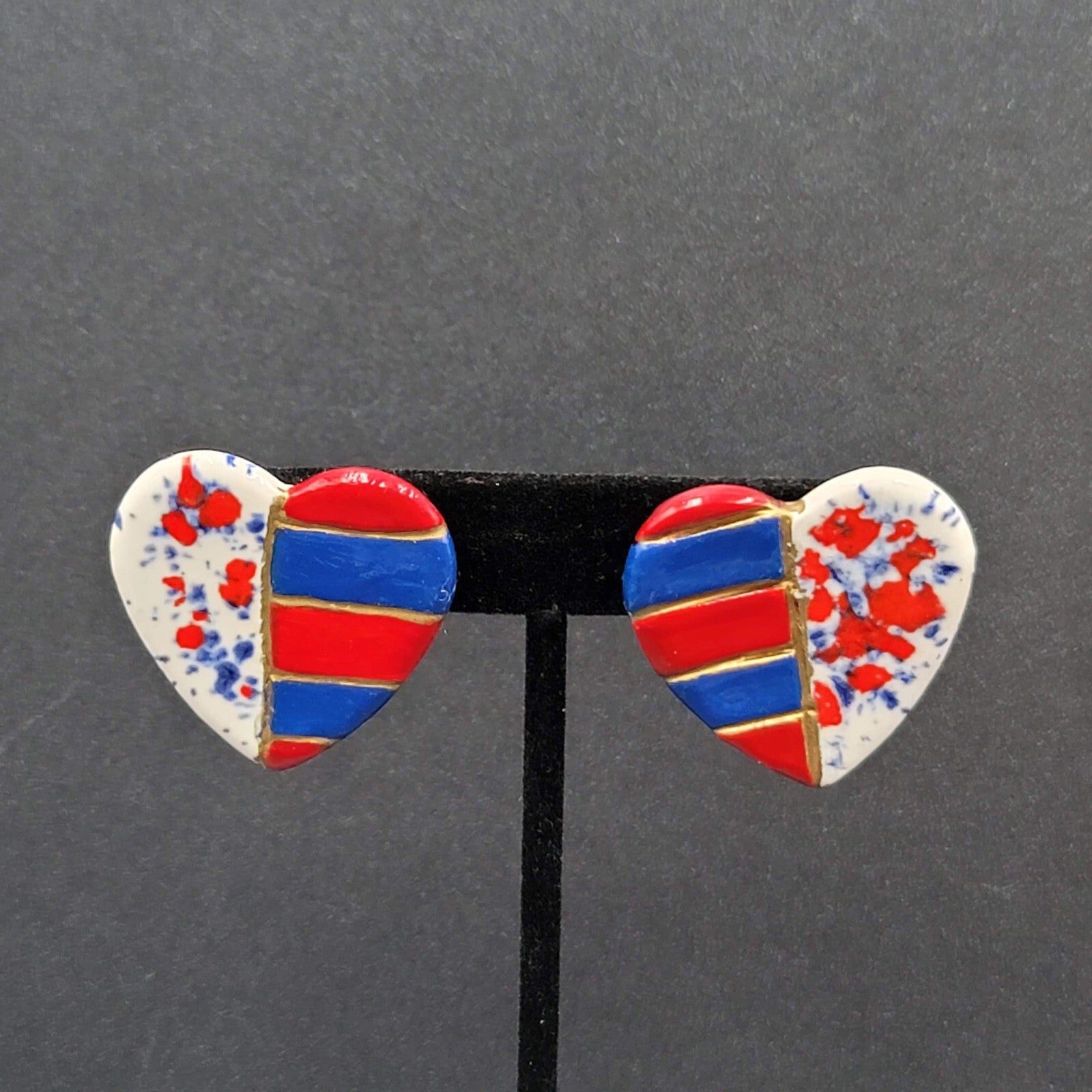 Vtg Heart Pierced Earrings Ceramic Hand Painted Patriotic Red White Blue 1.25"