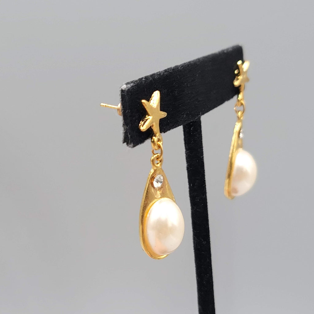 Star Crystal Faux Pearl Pierced Earrings Gold Plated Dangle 1.5 in