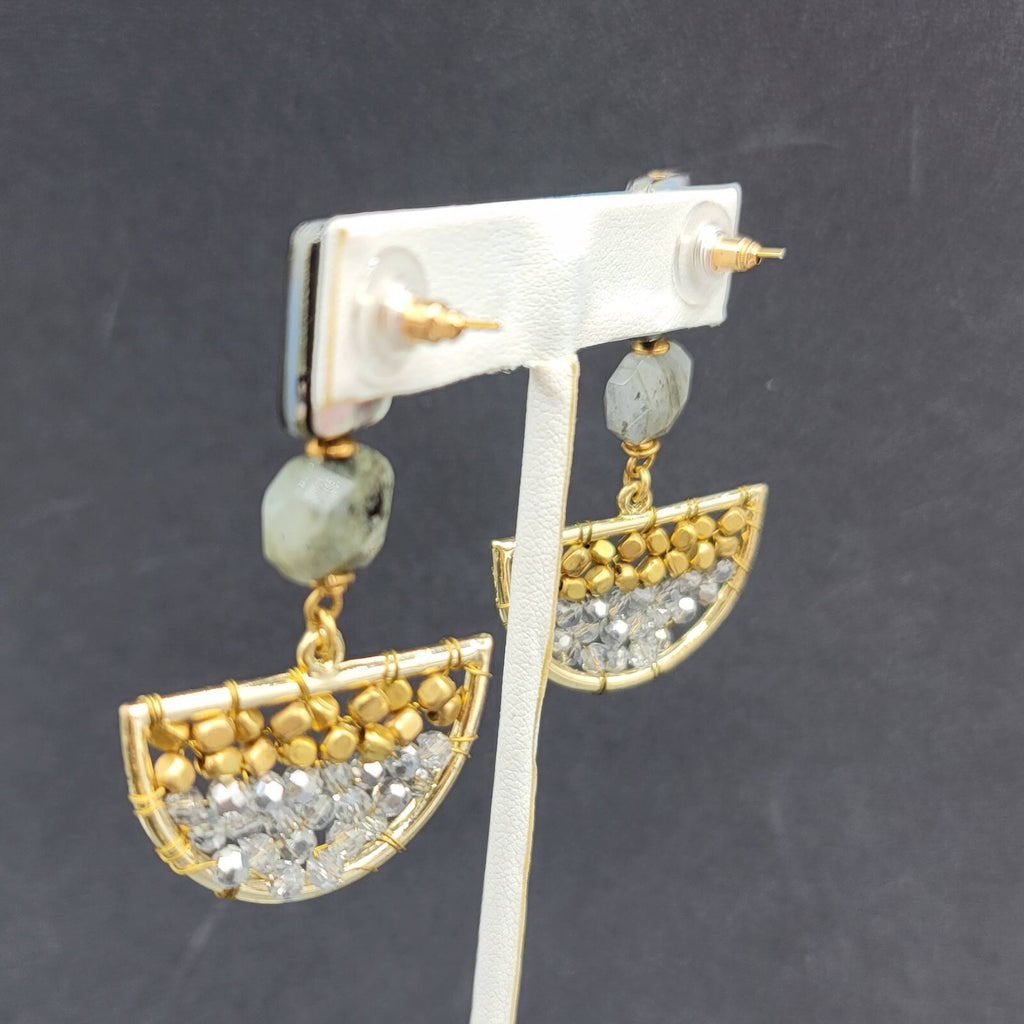 Pierced Earrings Gold tone Abalone and Stone Beaded Boho Dangle 2 1/4"