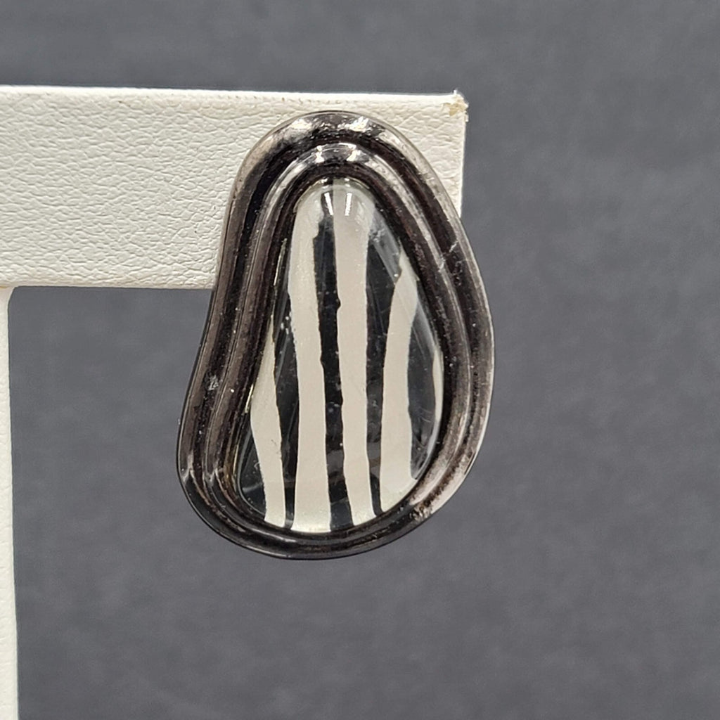 Vintage Clip on Earrings Black Metal Glass Stripes Drop 1 1/4"