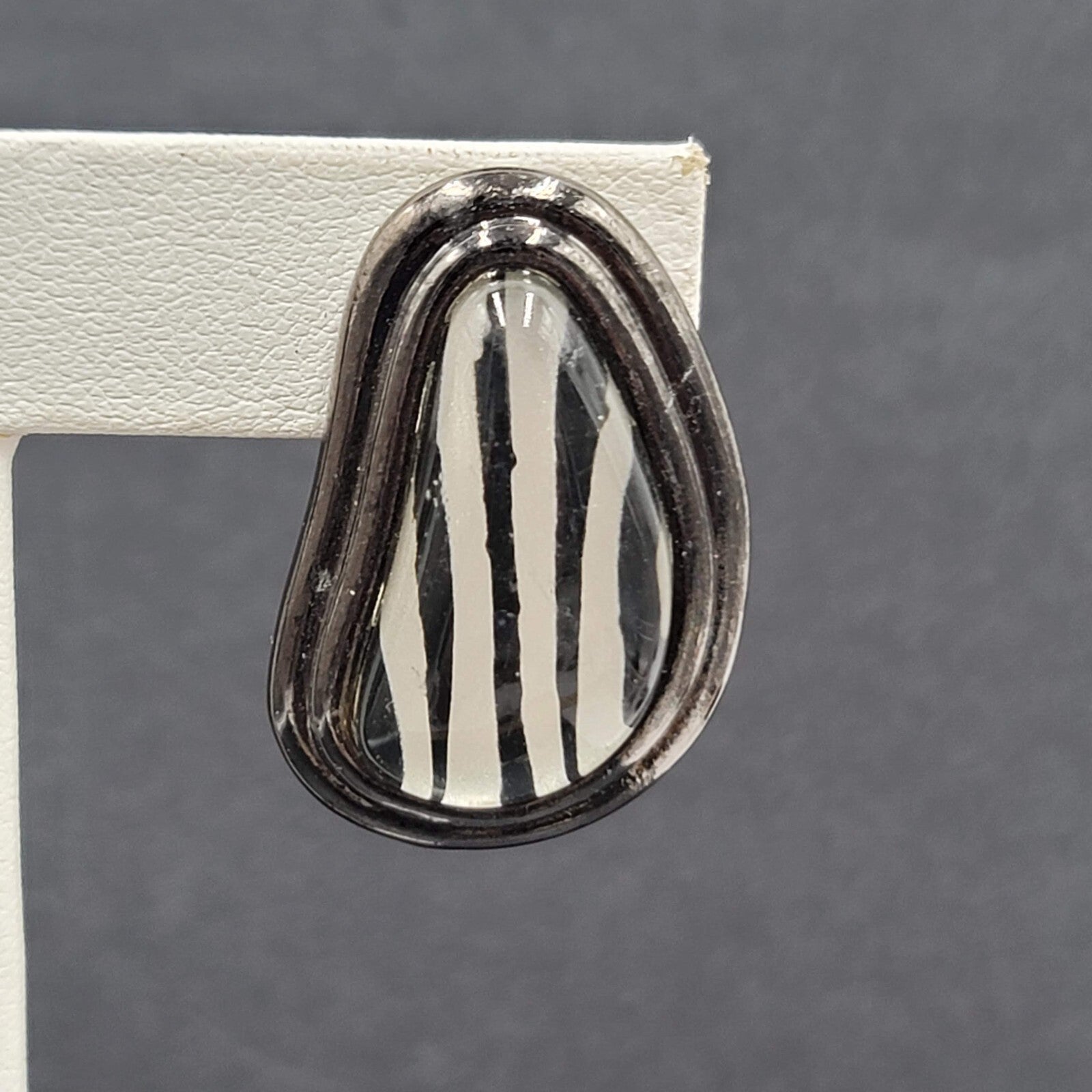 Vintage Clip on Earrings Black Metal Glass Stripes Drop 1 1/4"
