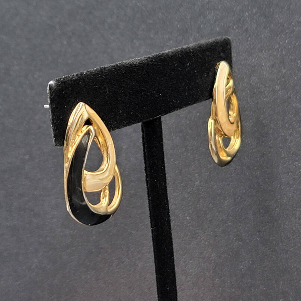 Vintage Pierced Earrings Black Cream Enamel Double Teardrop Drop 1"