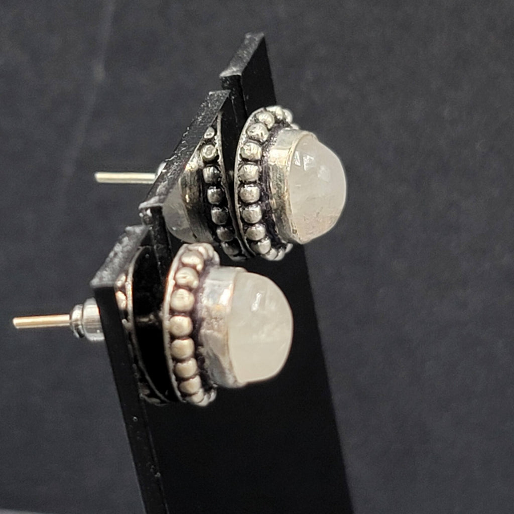 Pierced Earrings Silver tone Moonstone Oval Studs 1/2"