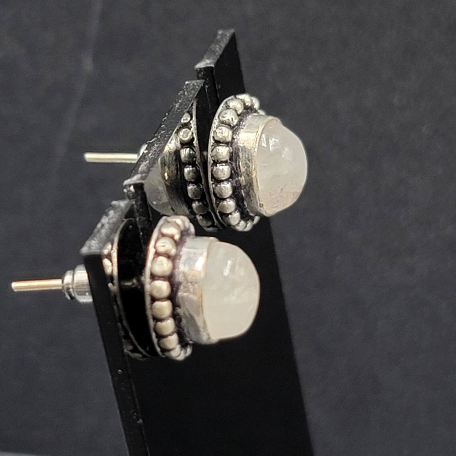 Pierced Earrings Silver tone Moonstone Oval Studs 1/2"