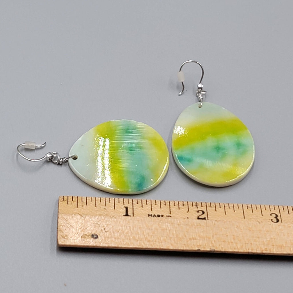 Shell Pierced Earrings Mother of Pearl Yellow Green Teardrop Dangle 1 5/8"