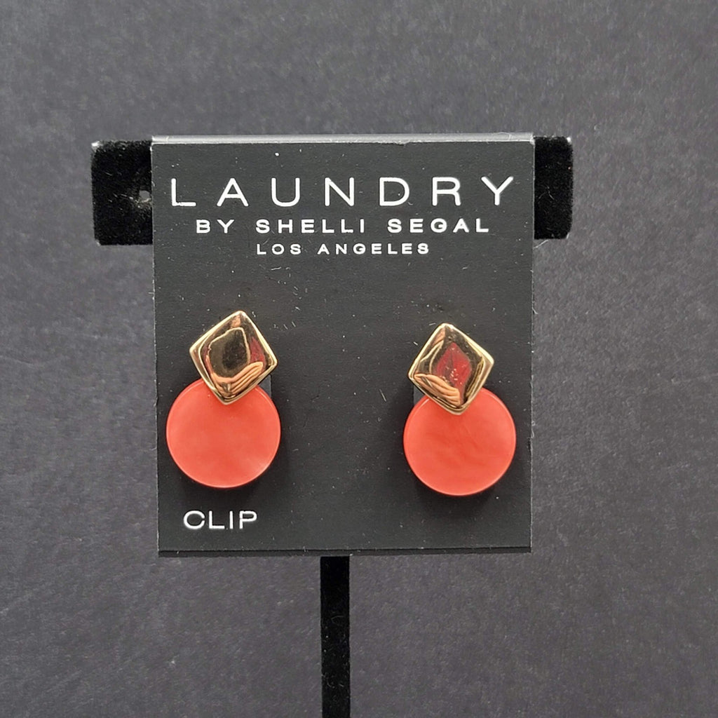 Laundry by Shelli Segal Clip on Earrings Gold tone Pink Mother of Pearl Drop 1"