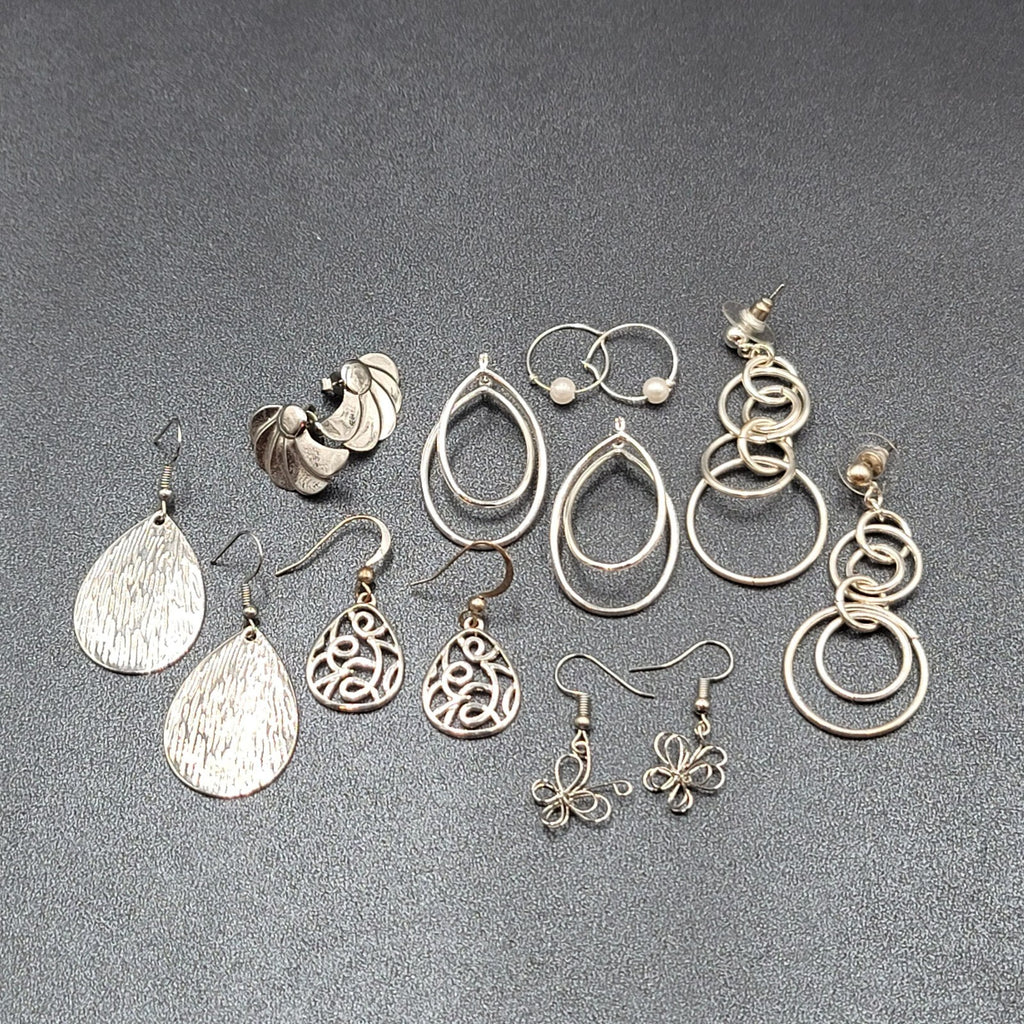 Lot of 7 Pierced Earrings Silver tone Teardrop Butterfly Hoops Wearable