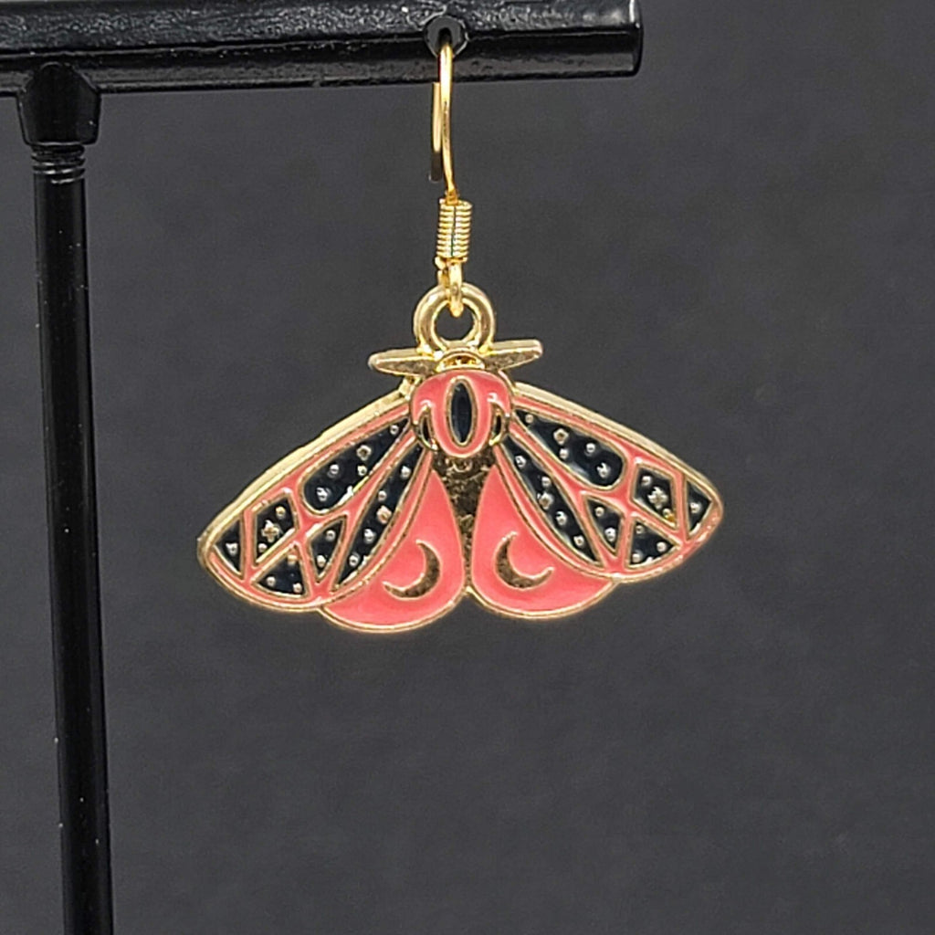 Moth Enamel Pierced Earrings Gold tone Dangle Butterfly