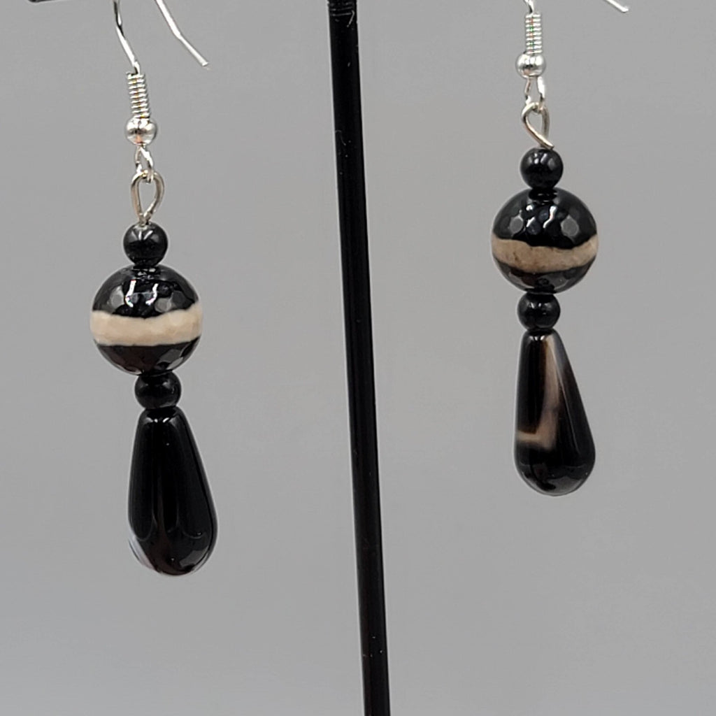 Pierced Earrings Silver tone Black Brown Art Glass Bead Dangle 1.5"