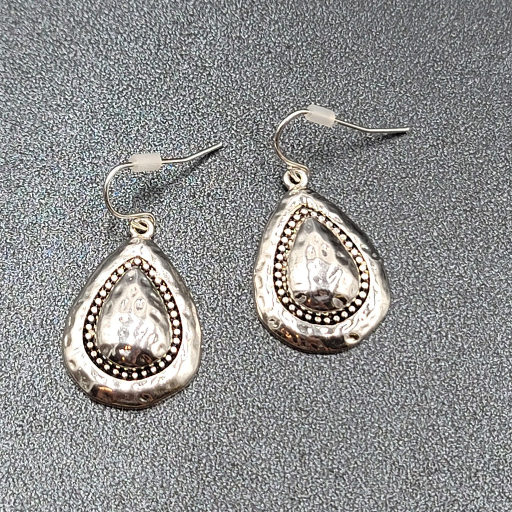 Pierced Earrings Silver Plated Hammered Metal Teardrop Dangle 1"