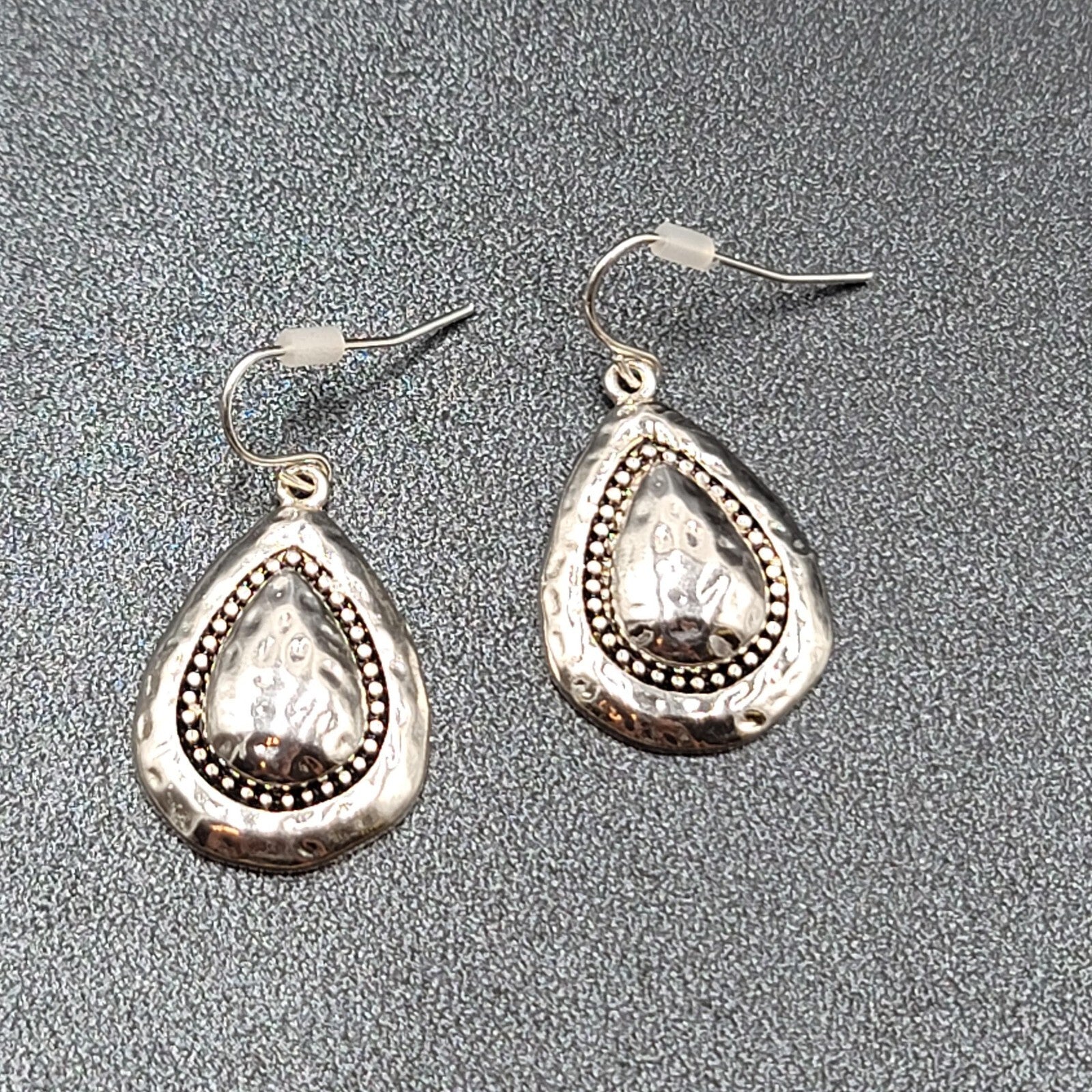 Pierced Earrings Silver Plated Hammered Metal Teardrop Dangle 1"