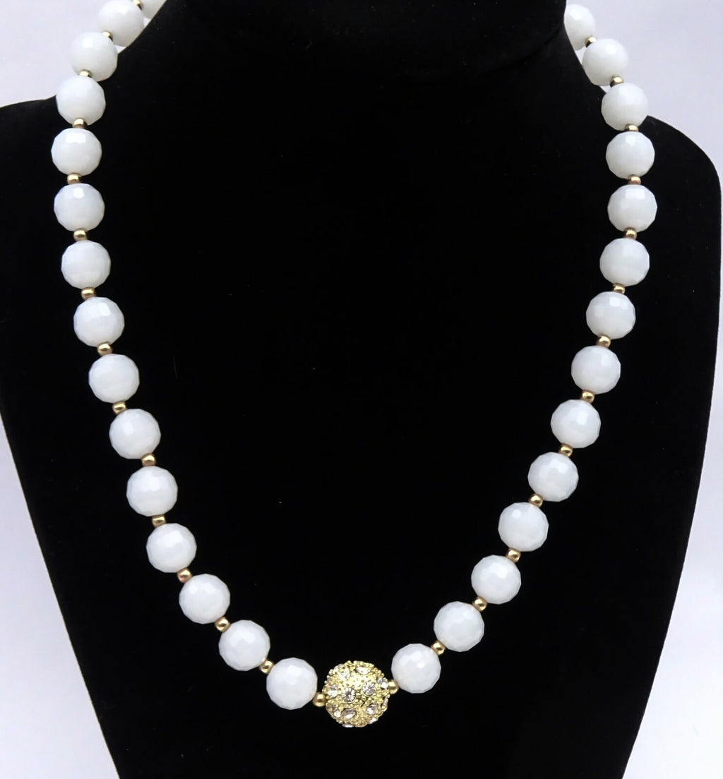 Opaque Faceted Glass Bead Necklace Gold tone 16" - 18"
