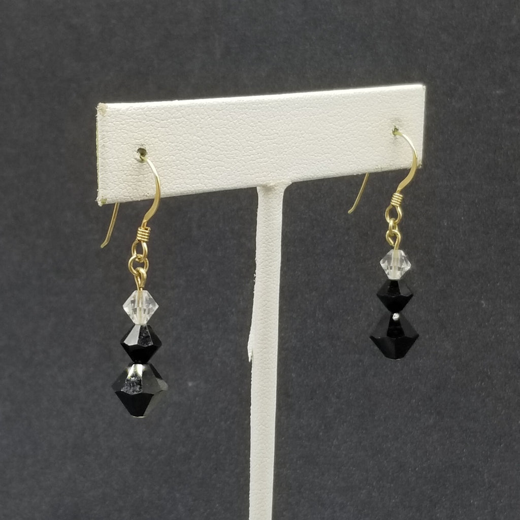 Pierced Earrings Gold tone Black Faceted Crystal Beaded Dangle 3/4"