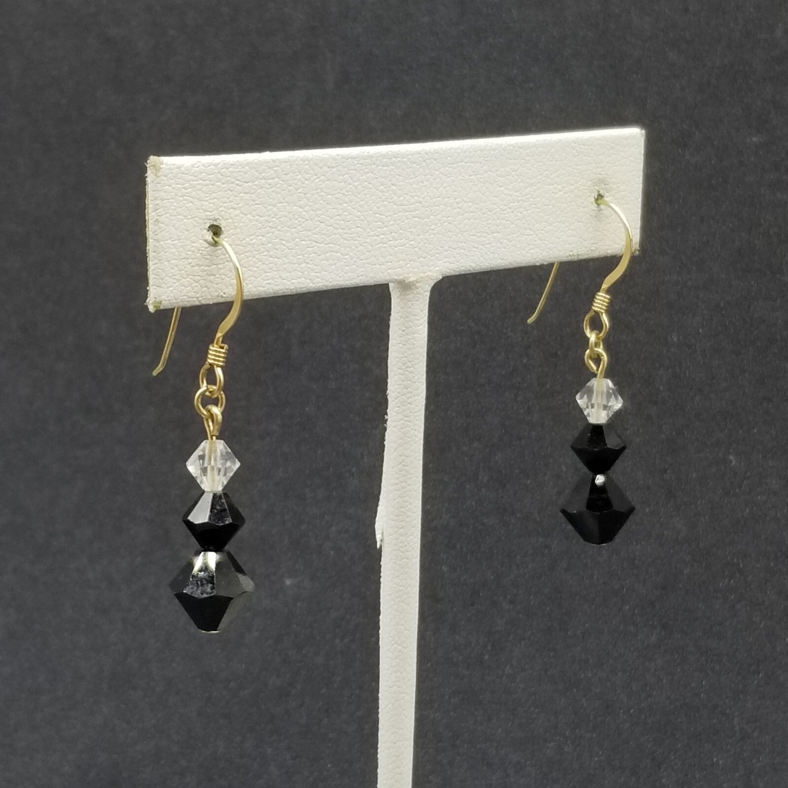 Pierced Earrings Gold tone Black Faceted Crystal Beaded Dangle 3/4"