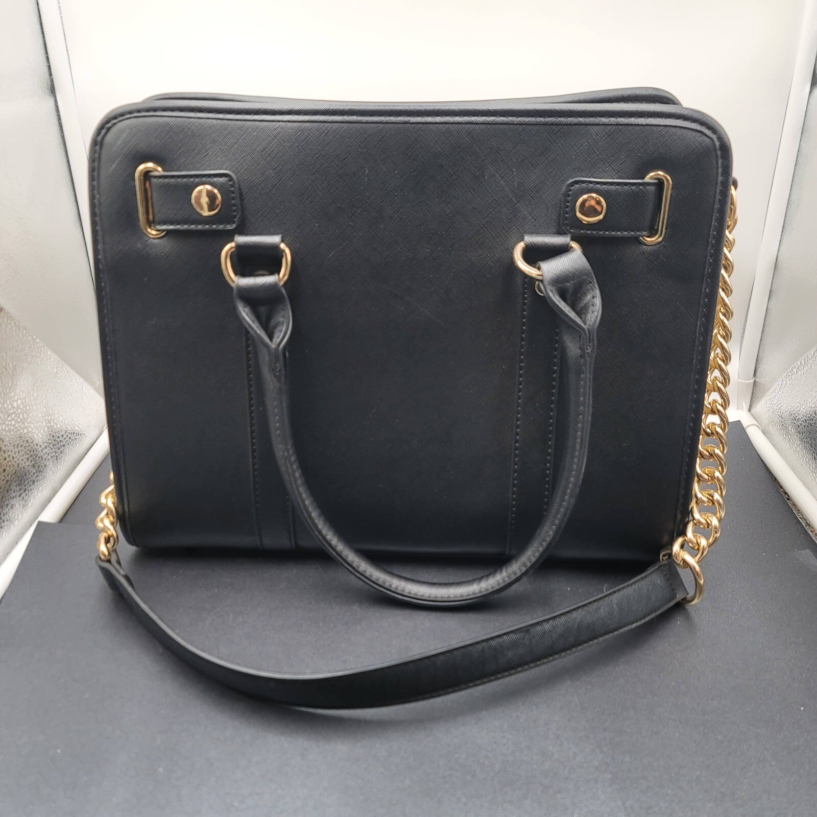 Dasein Womens Fashion Large Faux Leather Satchel Handbag Floral Black Gold tone
