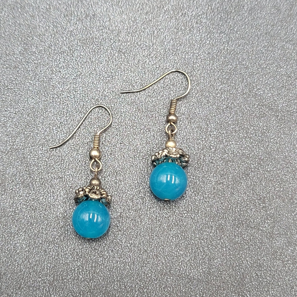 Pierced Earrings Silver tone Filigree Capped Blue Glass Bead Dangle 3/4"