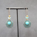 Boho Pierced Earrings Copper tone Faux Turquoise Dangle 2.25"
