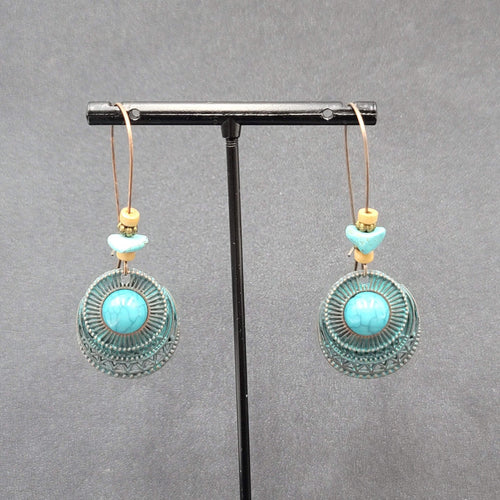 Boho Pierced Earrings Copper tone Faux Turquoise Dangle 2.25"