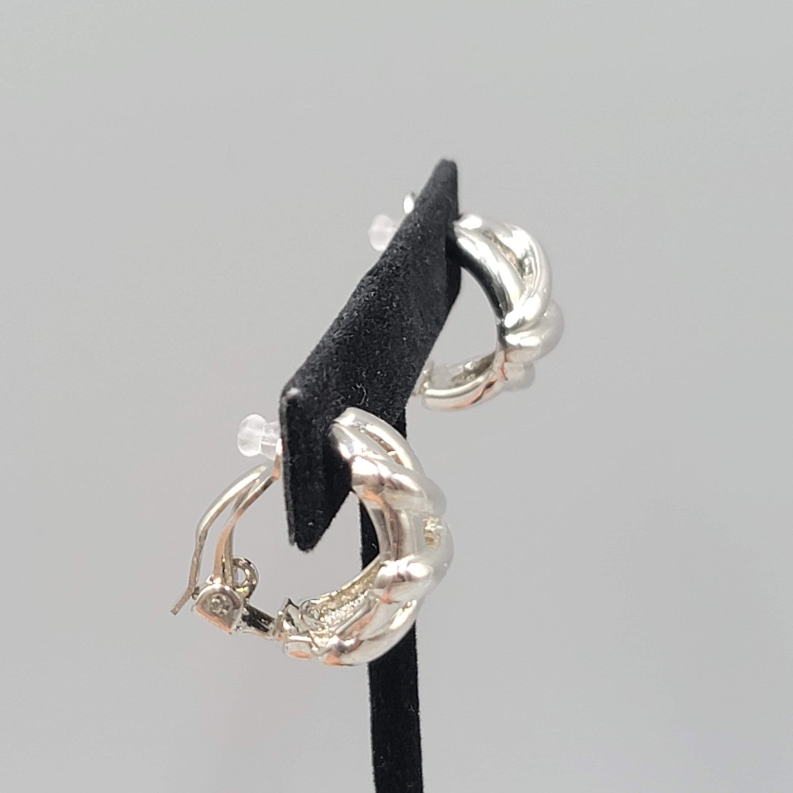 Vintage Half Hoop Clip On Earrings Silver tone Embossed Drop 3/4"
