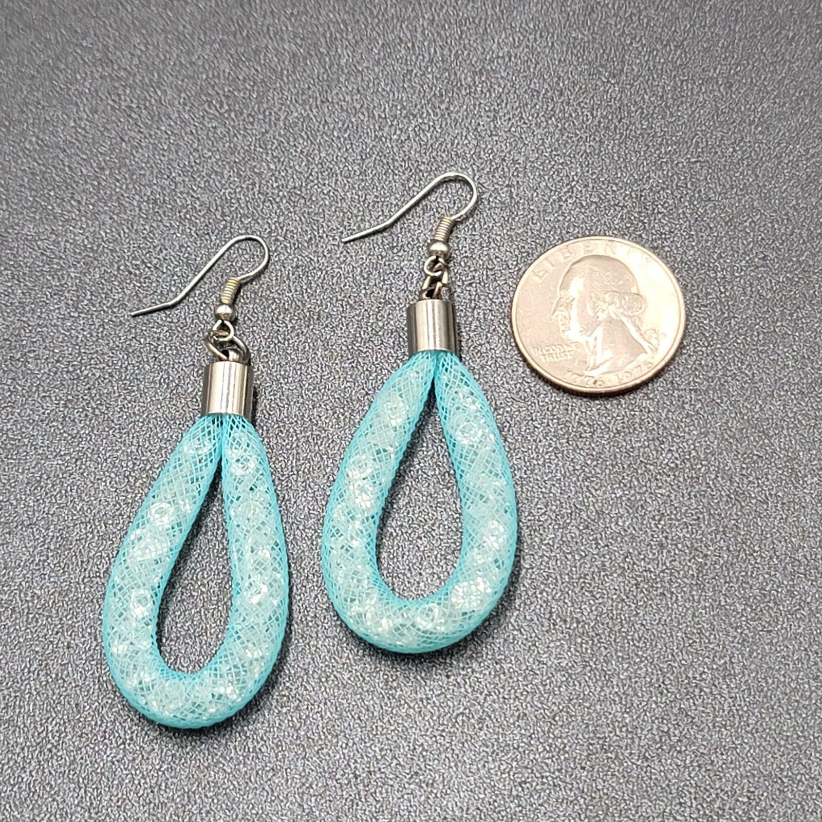 Pierced Earrings Silver tone Blue Knit Acrylic Crystals Dangle 2.25"
