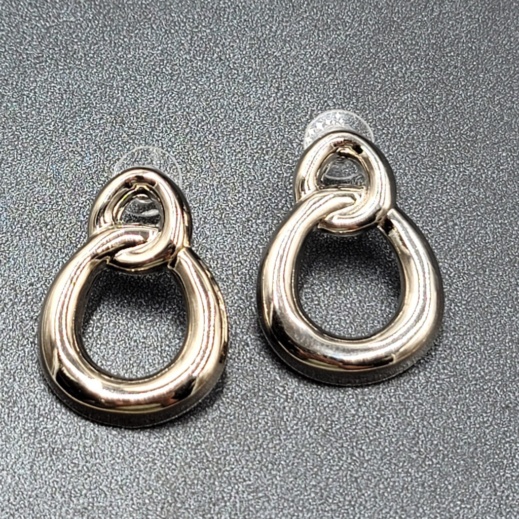 Pierced Earrings High Polish Silver tone Double Loop Drop 1 3/8"