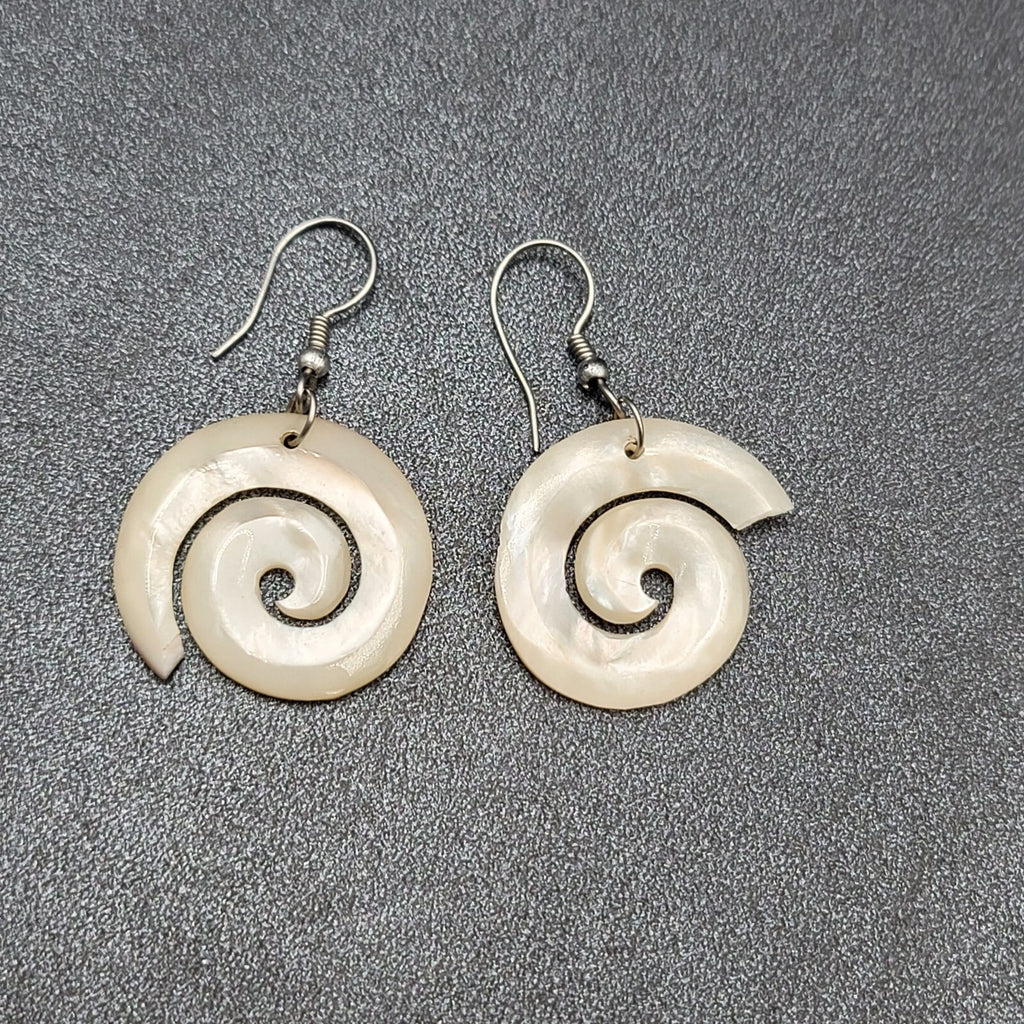 Pierced Earrings Silver tone Mother of Pearl Hand Carved Spirals  1.25"