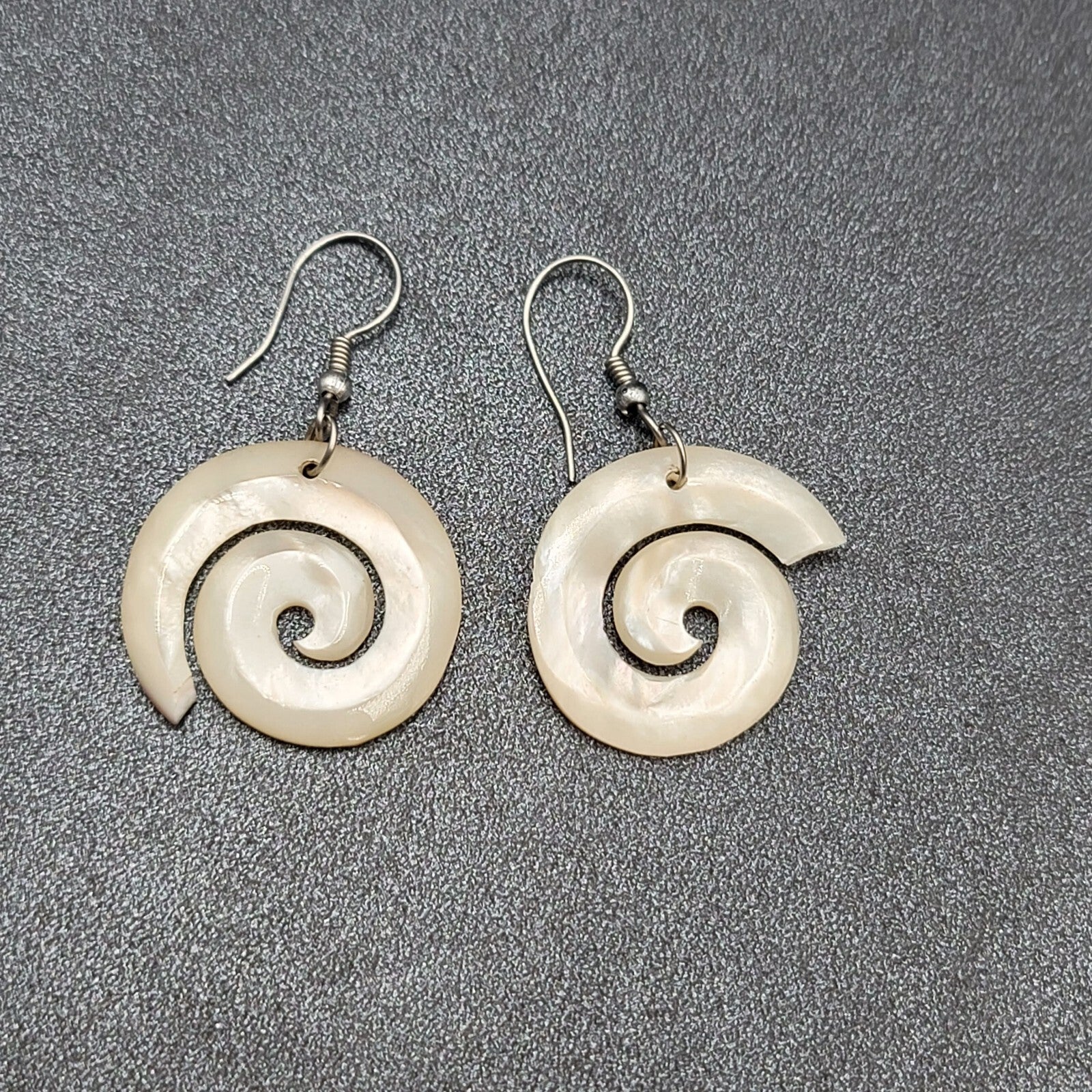 Pierced Earrings Silver tone Mother of Pearl Hand Carved Spirals  1.25"