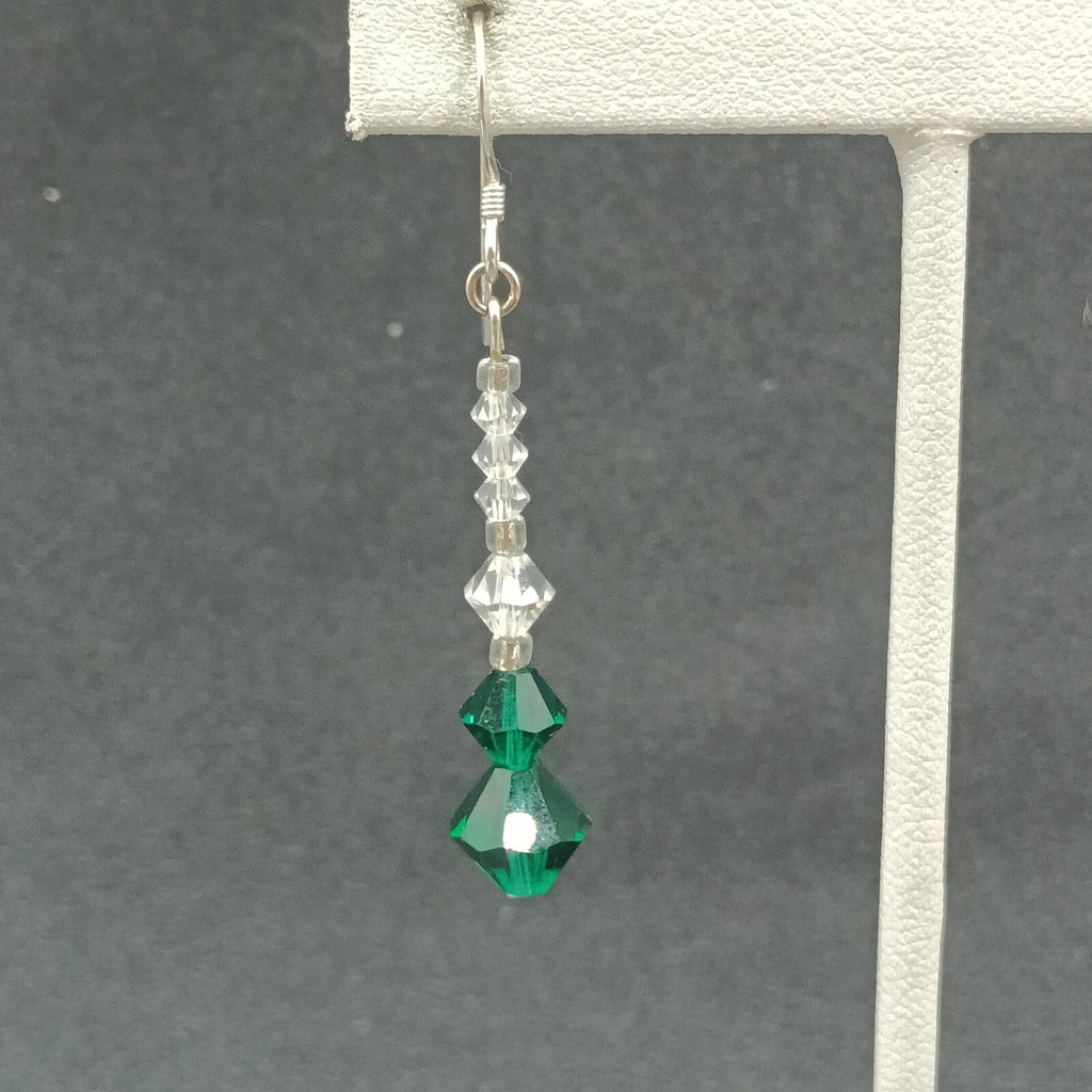 Pierced Earrings Silver tone Hook Faceted Clear Green Beaded Dangle 1 1/4"