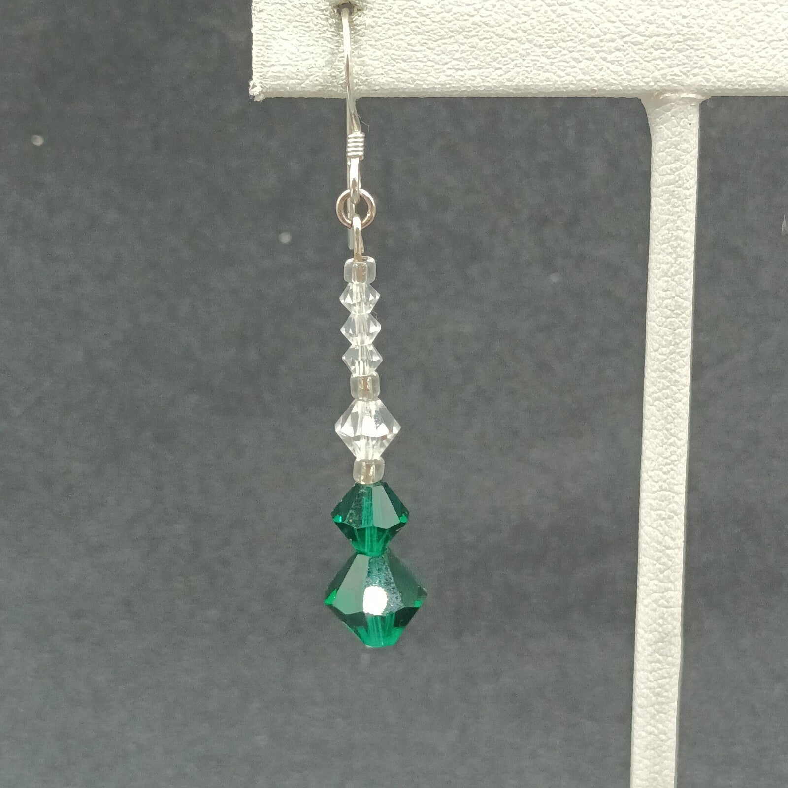 Pierced Earrings Silver tone Hook Faceted Clear Green Beaded Dangle 1 1/4"