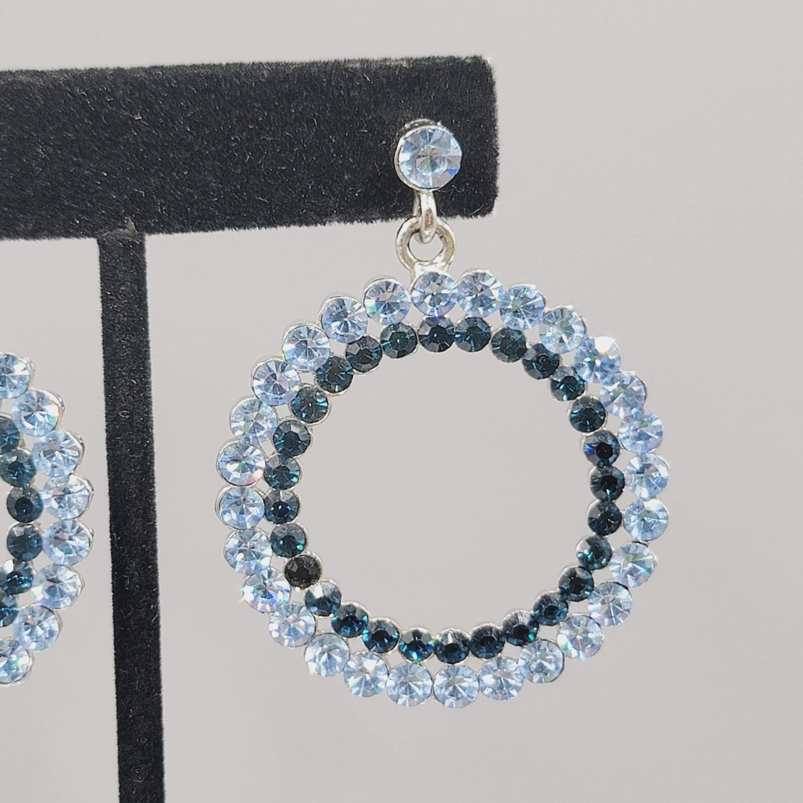 Blue Rhinestone Pierced Earrings Silver tone Open Circle Dangle 1 5/8"
